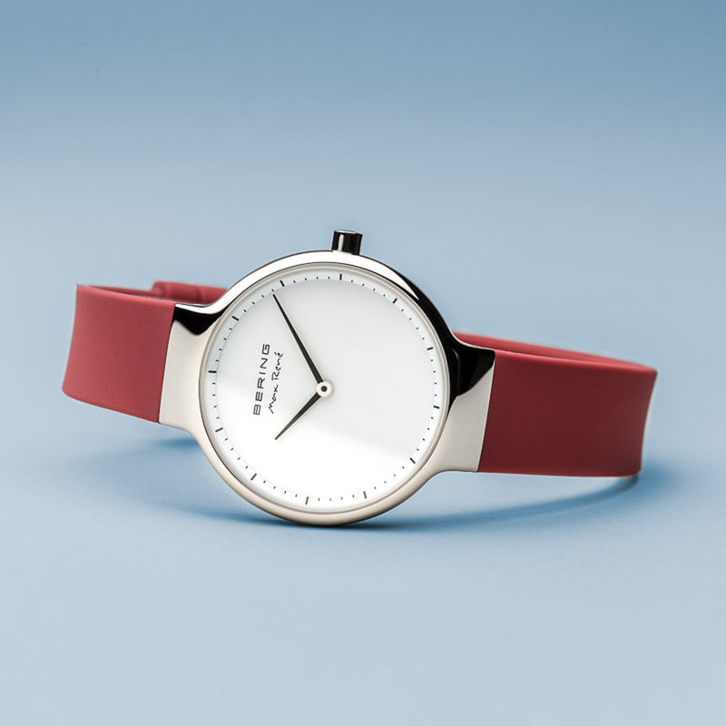 Bering Max René Polished Silver Red Silicone Watch