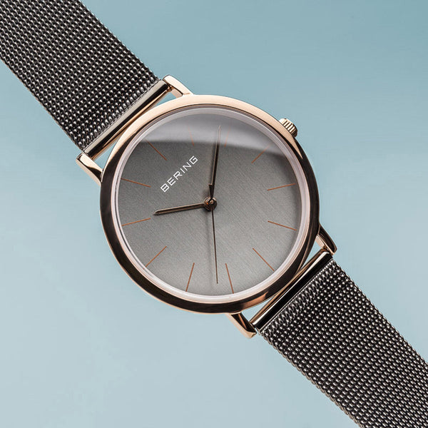 Bering Classic Polished Rose Gold Grey Mesh Watch