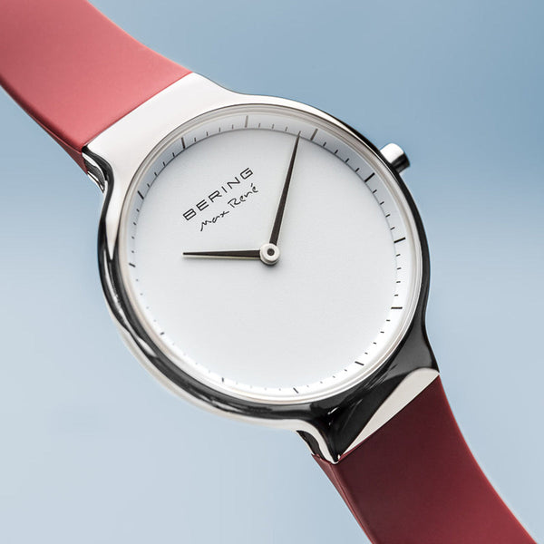 Bering Max René Polished Silver Red Silicone Watch