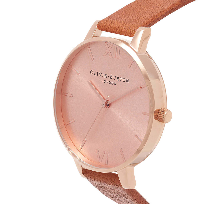 Olivia Burton Big Dial Rose Gold Case Tan Watch