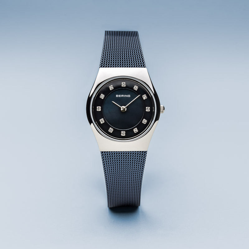 Bering Classic Polished Silver Navy Blue Mesh Watch