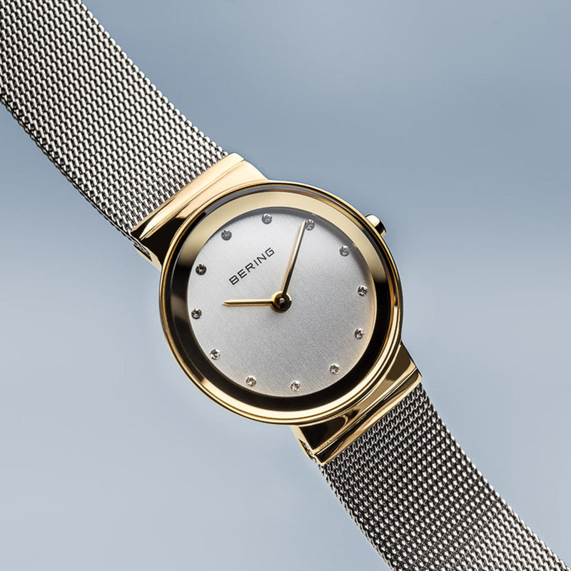 Bering Classic Polished Gold Silver Mesh Watch